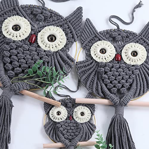 MVSUTA Owl Grey Cotton Handmade Macrame Wall Hanging Tapestry Home Decor Art and Gray Craft Wonderful Decoration Woven Boho Ornament for Office Bedroom Apartment Nursery Gallery,3pcs set:1pc L & 1pc M - color: Grey, size: 3pcs set:1pc L & 1pc M & 1pc S