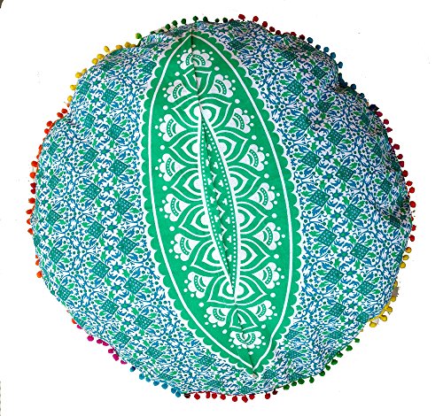 Rastogi Handicrafts 32" COR Mandala Floor Pillow Cushion Seating Throw Cover Bohemian Ottoman Poufs, Pom Pom Pillow Cases,Boho Indian (White) - color: White