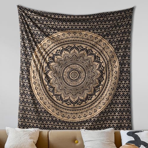 THE ART BOX Black Gold Ombre Tapestry Wall Hanging Mandala – Bohemian Room Decor – Cotton Throw Tapestry – Boho Bedding Twin Bedspread 55x82 Inches - color: Gold and Black, size: 55"L x 82"W