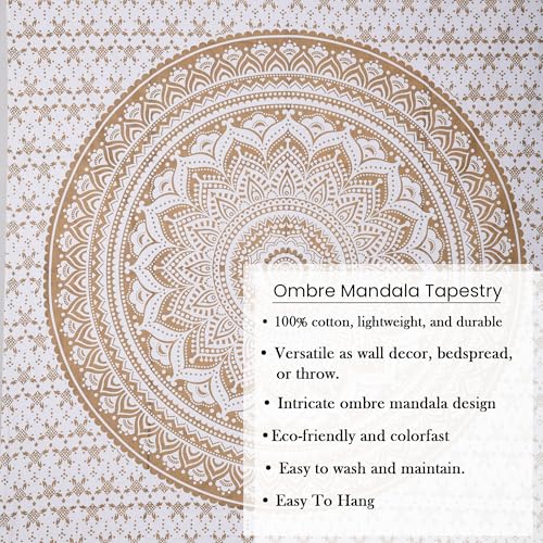 THE ART BOX Original Gold Tapestry Wall Hanging Mandala – Cotton Throw Tapestry – Boho Bedding White and Gold Medium Bedspread 54x60 Inches – Meditation & Yoga Rug Mat - color: Gold and White, size: 54"L x 60"W