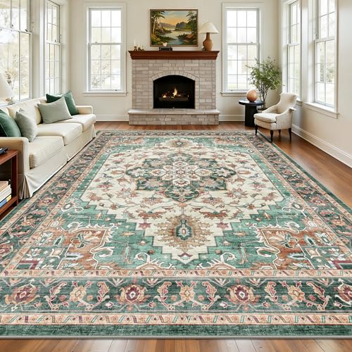 8x10 Area Rugs for Living Room - Washable Rug Vintage Distress Boho Medallion Rugs for Bedroom, Soft Non-Slip Backing Low Pile Carpet for Dining Room Office Nursery Dorm Home, Green Brown - color: B-green Brown, size: 8' x 10' (Rectangular)