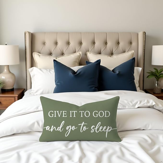 Decorative Throw Pillow Covers 12x20 Inch Set of 2 – Olive Green Christian Lumbar Pillowcase – Give It to God and Go to Sleep/Relax God’s Got This – Faith Bedroom Bed Decor