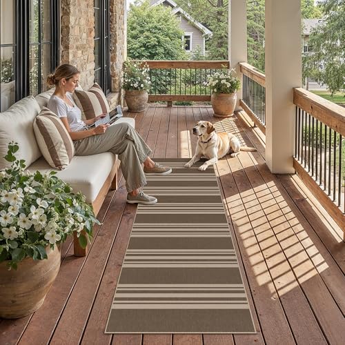 PureCozy Striped Easy Jute 2x6 Kitchen Runner Rug Brown Washable Carpet for Hallway Non Slip Farmhouse Neutral Non Shedding Indoor Outdoor Long Rug Bathroom Bedroom Laundry Entryway - color: Brown/Striped, size: 2' x 6' (Runner)