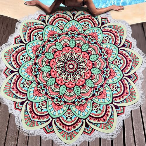Benefeet Sox Large Mandala Beach Towel Round Microfiber Circle Beach Towels Bohemian Roundie Beach Blanket Quick Dry Beach Throw Blanket Sand Free Pool Towels, 59 Inches Pink Multi - color: Mandala, Pink Multi