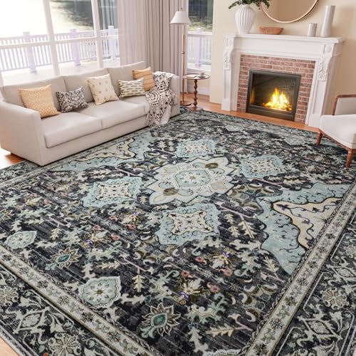 AMTOVO 8x10 Area Rugs for Living Room, Large Non-Slip Washable Rug, Boho Vintage Retro Medallion Print Pattern Carpet for Bedroom Dining Room Home Office Nursery Dorm Farmhouse, Grayish Blue - color: Grayish Blue, size: 8' x 10' (Rectangular)