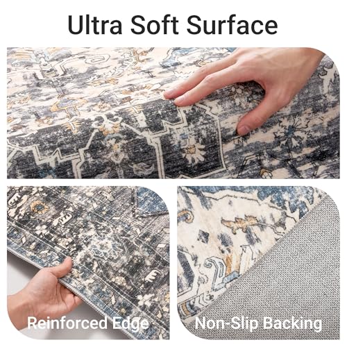 befbee 5x7 Area Rugs for Living Room, Stain Resistant Neutral Washable Rugs for Dining Room, Floral Vintage Non-Slip Thin Large Size Area Rug (Blue/Black) - color: Blue/Black, size: 5' x 7' (Rectangular)