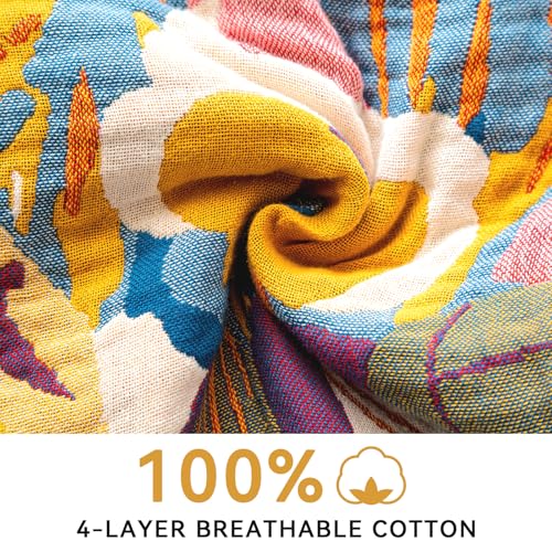 Boho Throw Blanket for Bed 90"x108", 100% Soft Cotton Bohemian Blankets with Rustic Floral Printed Decor, Spring Throw Blanket for Couch Cozy Breathable King Size All Season - color: Ink and Wash, size: 90"x108"