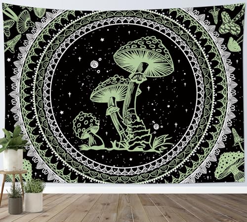 SCECALA Green Mushroom Tapestry Boho Mandala Pattern with Green Mushroom Wall Tapestry Black and White Star Wall Hanging for Bedroom Living Room Teen Dorm Party Home Decor 80x60 Inch - color: Green, size: 60"L x 80"W