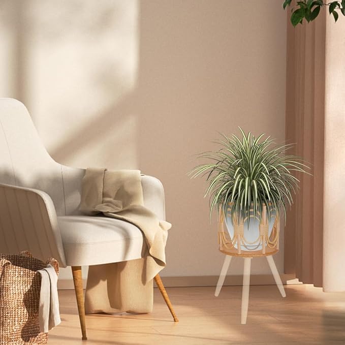 2Pcs Rattan Plant Stand Indoor Planter: Handmade Boho Wricker Plant Stand - Large Floor Planter Riser Mid Century Plant Holder for Flower Pots