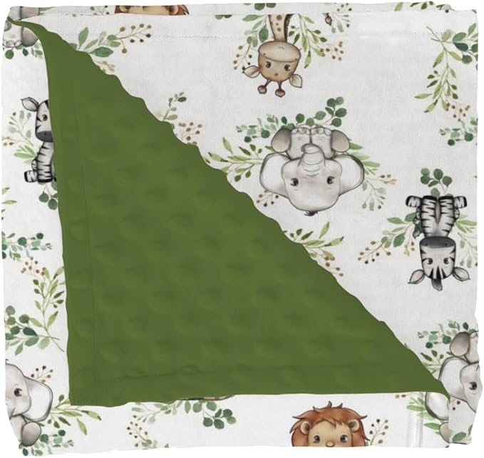 Cute Jungle Safari Animals Green Leaves Baby Blankets for Girl Boy Lion Giraffe Elephant Zebra Soft Mink Dotted Backing Double Layer Swaddle Blanket Bed Throw for Newborn Infant Toddler Nursery 30x40