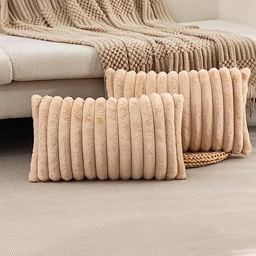 ZLINA Set of 2 Apricot Faux Fur Decorative Throw Pillow Covers Fluffy Striped Pillowcase Cushion Covers 12 x 20 Inch Decor Sofa Couch Bedroom - color: Apricot, size: 20" x 12" (Pack of 2)