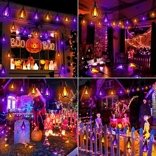 iBaycon Solar Halloween Lights, 42Ft 15 LED Bulbs Flickering Flame String Light, Outdoor Waterproof Solar Flame Lights for Garden Yard Patio Halloween Decorations (Warm White + Purple) - color: Warm White+Purple, size: 42FT