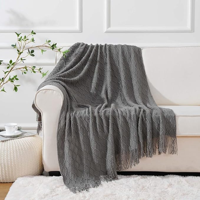 BATTILO HOME Dark Grey Throw Blanket for Couch, Textured Solid Soft Sofa Throw, Knitted Decorative Grey Blanket, 50"x60"