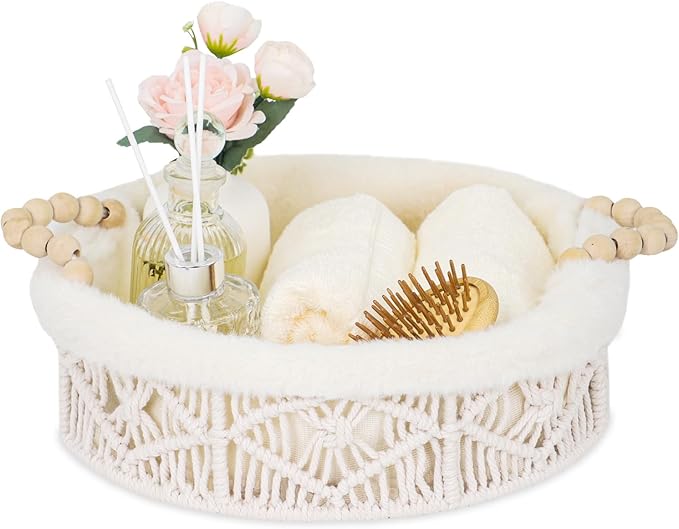 Plush Lined Storage Basket for Organizing with Handles, Boho Round Woven White Small Basket Decorative Storage Organizer for Shelves Dresser Entryway Countertop Decor