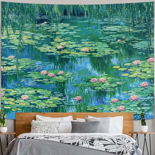 kampdream Landscape Tapestry, Scenery Art Wall Tapestries, Nature Wall Decor for Bedroom Living Room Backdrop Impressionist Pond Lotus 36×48 inches - color: Green Pond, size: 48"L x 36"W