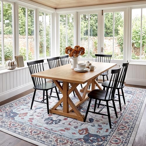 8x10 Area Rugs for Living Room, Machine Washable Boho Vintage Rug, Waterproof Surface & Non-Slip Backing, Foldable Soft Low Pile Floral Medallion Carpet for Bedroom Dining Room - color: Grey/Oriental Blue/Burgundy, size: 8' x 10' (Rectangular)