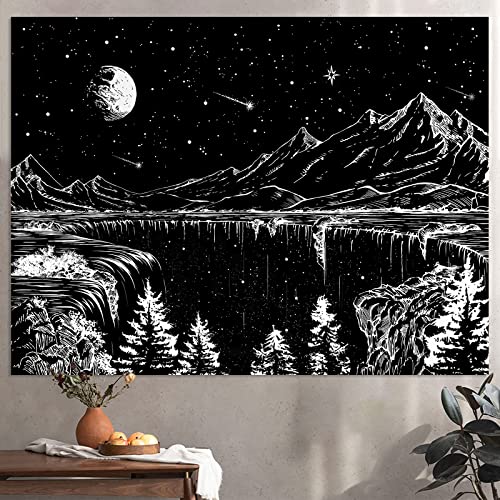 Zussun Black and White Tapestry Starry Night Mountain Tapestries for Bedroom Aesthetic Moon and Stars Tapastry's Wall Hanging Dark Nature Forest Wall Tapestry for Living Room Dorm (48'' × 36'') - color: Black, size: 48"L x 36"W