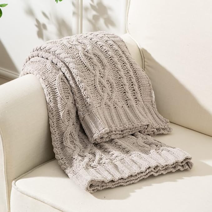 Battilo Light Grey Throw Blanket for Couch, Woven Chenille Knit Throw Blanket Versatile for Chair, 51 x 67 Inch Super Soft Warm Decorative Blanket for Bed, Sofa and Living Room