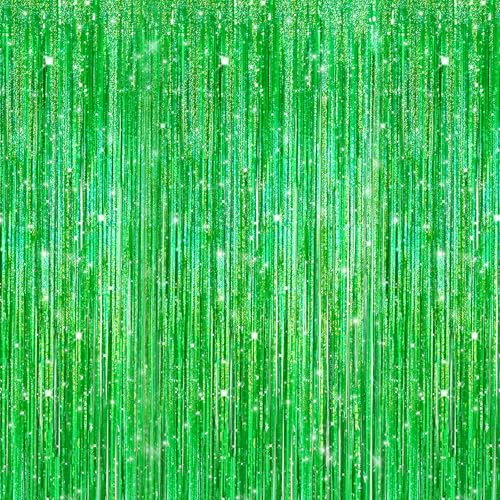 Crosize 2 Pack 3.3 x 9.9 ft Laser Green Foil Fringe Curtains Party Decorations,Tinsel Curtain Backdrop for Parties, Door Streamers, Glitter Streamer Backdrop for Birthday Decoration - color: Laser Green, size: 2 Pack