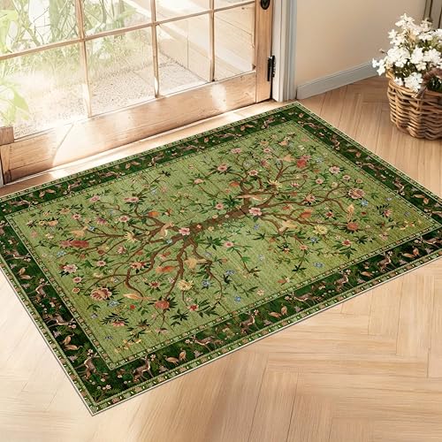 Entryway Rug 2x3 Washable, Green Non-Slip Small Area Rug, Boho Floral Botanical Low Pile Carpet for Front Door, Bathroom, Kitchen - color: Green, size: 3' x 2' (Rectangular)