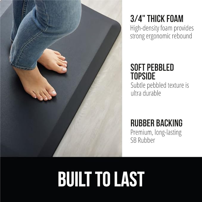 GORILLA GRIP Comfortable Cushioned Kitchen Mats for Floor, 48x20, Waterproof and Stain Resistant Soft Top, 3/4 Inch Thick Ergonomic Standing Desk Anti Fatigue Mat, Foam Supports Ankles and Feet, Black
