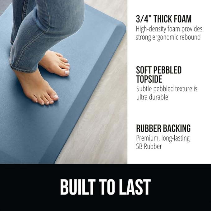 GORILLA GRIP Comfortable Cushioned Kitchen Mats for Floor, Waterproof and Stain Resistant Soft Top, 3/4 Inch Thick Ergonomic Standing Desk Anti Fatigue Mat, Foam Supports Feet, 17x24, Sky Blue