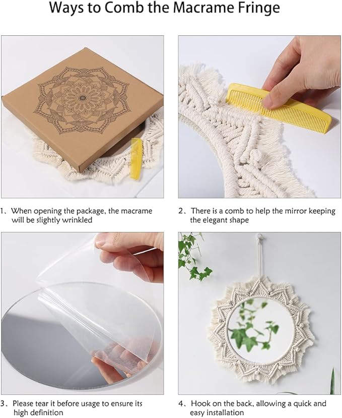 Artilady Macrame Hanging Wall Mirror - Boho Fringe Round Handmade Decorative Acrylic Mirror for Apartment Living Room Bedroom Baby Nursery Home Decor (Round)