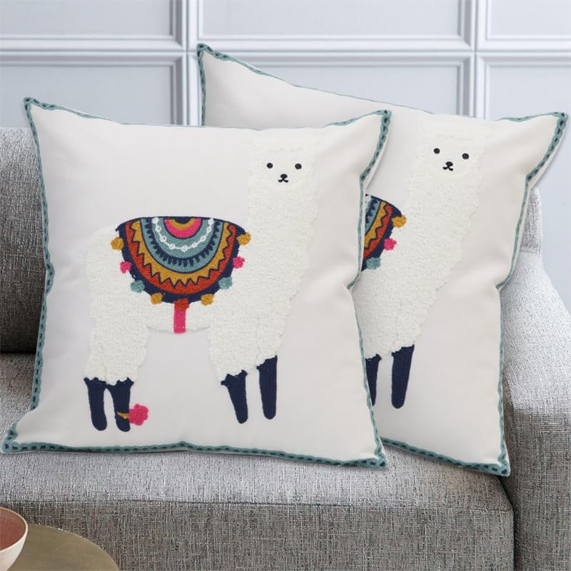 Pack of 2 Embroidered Decorative Throw Pillow Cover 18x18 Inch Farmhouse Floral Pillowcase for Living Room Sofa Bed (White Alpaca) - color: White Alpaca