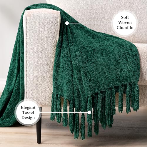 PAVILIA Emerald Green Chenille Throw Blanket for Couch Sofa, Soft Green Knit Throw with Tassel, Decorative Blanket for Bed Chair Living Room, Emerald Green 50x60 - color: Emerald Green, size: 50 X 60 Inches - Throw