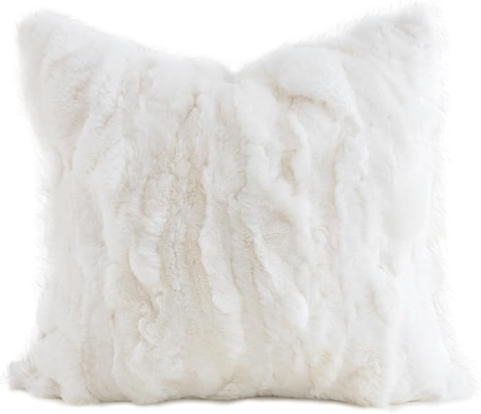 MOOX Rabbit Fur Throw Pillow Covers Decorative Fluffy Soft Fuzzy Plush Luxury Genuine Animal Skin Lumbar Pillow 18"x18" Cushion Cover, Couch White
