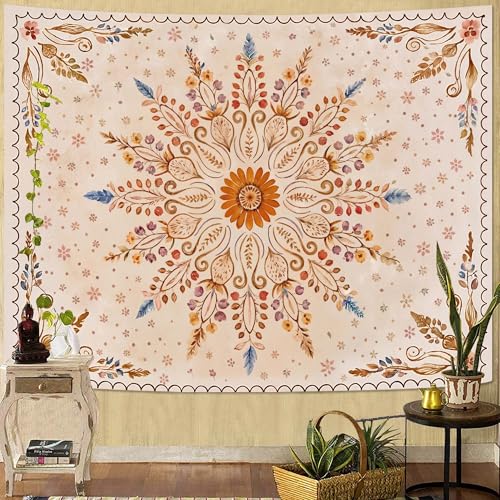 Fowocu Boho Floral Mandala Tapestry for Bedroom Aesthetic Watercolor Bohemian Flower Wall Tapestry Brown Beige Hippie Indian Small Tapestries Wall Hanging for Living Room Dorm Decor 48 x 36 Inch - color: Brown Yellow, size: 48"L x 36"W
