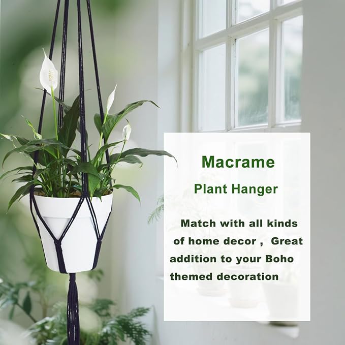 2 Pack Macrame Plant Hanger,Indoor Plant Hanger with Tassel for Boho Home Decor,47 inches Hanging Plant Holder with 2 Hooks(Black)
