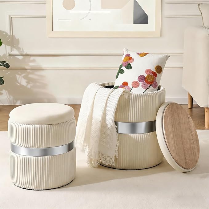 Round Storage Ottoman Set of 2 - Multi-Functional Footrest & Vanity Stool for Living Room, Space-Saving Side Table with Hidden Compartment, Sturdy Seating for Small Apartments & Bedroom, White