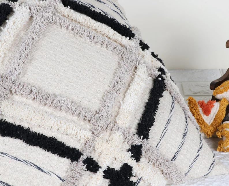 Boho Shaggy Tufted Throw Pillow Cover, Geometric Plaid Woven Decorative Cushion Case, Black Grey Off White Textured Square Pillowcase for Couch Sofa Home Decor, Pillow Insert Not Included