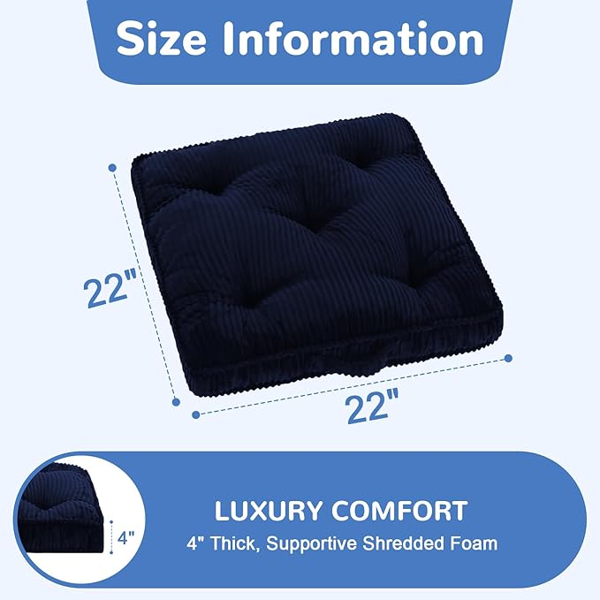 Square Floor Pillow for Adults, Tufted Floor Cushion for Sitting, Large Meditation Cushion, Thick Corduroy Seat with Handle, Tatami Seating for Yoga, 22x22 Inch Navy Blue, 1Pack