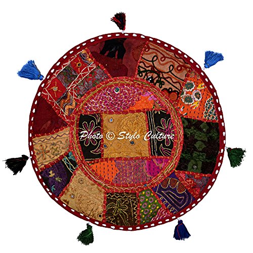 Indian Round Floor Pillow Vintage Bohemian Patchwork Cushion Cover Colorful Small Throw Pillow Covers 18 x 18 Decorative Tuffet Seat Pouf Cover Footstool Cotton Embroidered 1 Pc - color: Multicolor