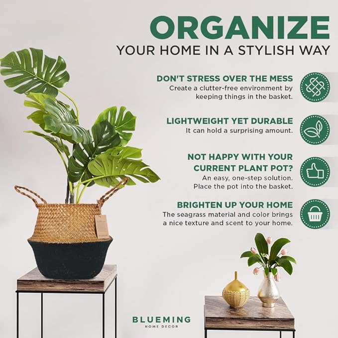 Blueming Large Seagrass Planter Basket – Wicker Planter Pot for Olive Trees, Faux Plants, or Snake Plant, Woven Rattan Planters for Modern Home Decor (Black Bottom, Large)