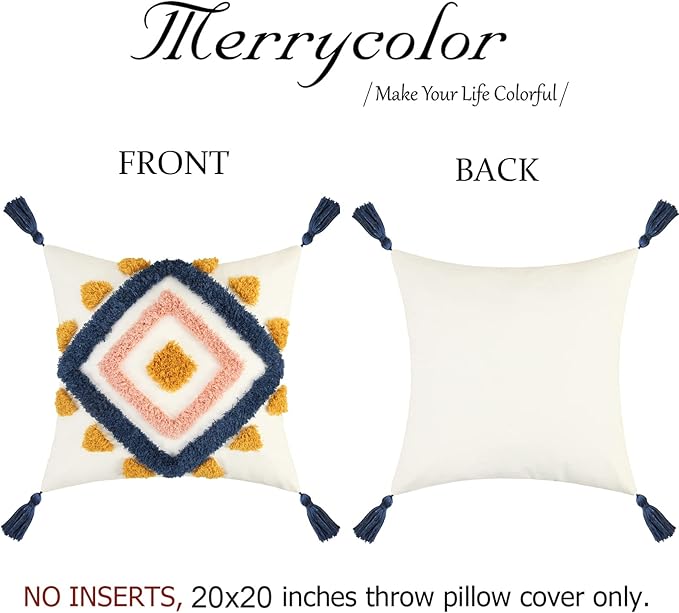Merrycolor Boho Pillow Covers 20x20 Modern Geometric Diamond Boho Pillows Decorative Throw Pillow Cases Blue Pink Soft Woven Tufted Pillow Cushion for Couch Sofa Bedroom Living Room