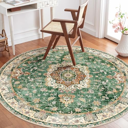 Green Round Rug 4ft,Circle Washable Area Rugs for Bedroom Bathroom Entryway Kitchen,Small Boho Vintage Bohemian Distressed Oriental Floral Carpet Non Slip,Retro Sage Floral - color: Green, size: 4'x4'