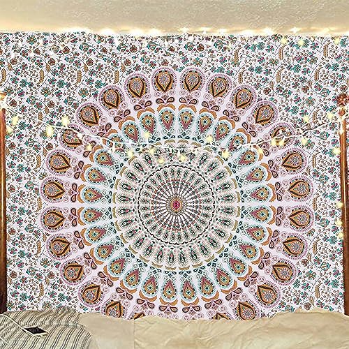 Bless International Handmade Indian hippie Bohemian Psychedelic Peacock Mandala Wall hanging College Dorm Beach Throws Table Cloth Bedding Tapestry (Floral Gold, Twin(54x72Inches)(140x185cms)) - color: Floral Gold, size: 72"L x 54"W