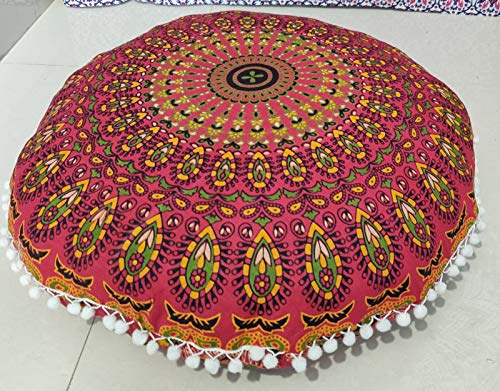 INDIAN CRAFT CASTLE 24" Red Peacock Mandala Barmeri Large Floor Pillow Cover Cushion Meditation Seating Ottoman Throw Cover Hippie Decorative Zipped Bohemian Pouf Ottoman Pom Pom Cases 24" Round - color: Red, style: 24 Inch Round