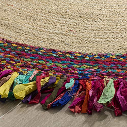 SAFAVIEH Cape Cod Collection Area Rug - 3' Round, Ivory & Red, Handmade Boho Fringe Jute & Cotton, Ideal for High Traffic Areas in Living Room, Bedroom (CAP205A)