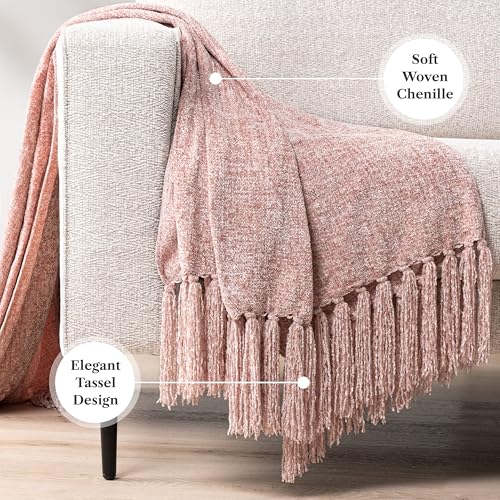PAVILIA Pink Chenille Throw Blanket for Couch Sofa, Light Pink Soft Knit Throw with Tassel, Decorative Blanket for Bed Chair Living Room, Blush Pink 50x60 - color: Blush Pink, size: 50 X 60 Inches - Throw