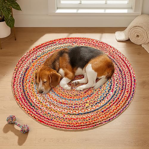 Hausattire Bohemian Braided Rug 4' Round - Multi Color, Circle Farmhouse Jute Cotton Area Rag Rug for Kitchen, Kids Bedroom, Playroom | Colorful Hand Woven Reversible Pet Friendly Carpet - color: Multi Color, size: 4' (Round)