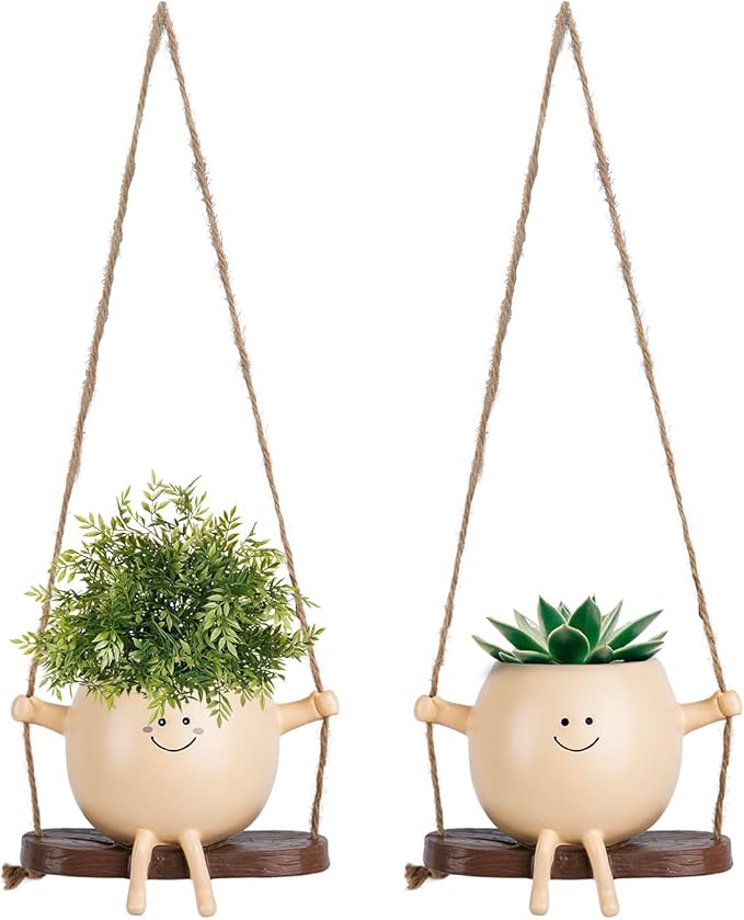 Small Hanging Planter for Indoor Outdoor Plants, Glossy Swing Smiley Face Planter Pot Head, Cute Hanging Flower Pot for String of Pearls Plant Live, Unique Happy Resin Succulent Pot