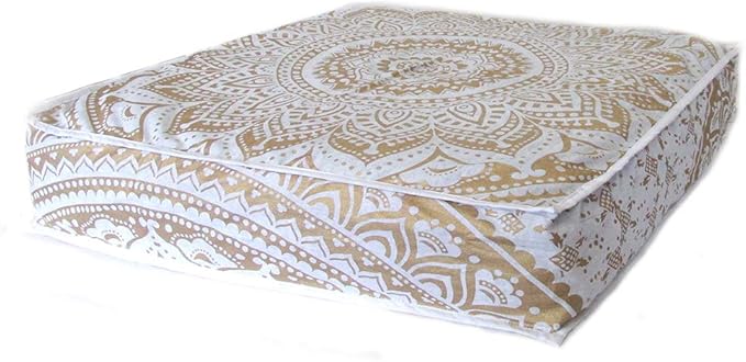 ICC Large Square Floor Pillow Cover Hippie Ottoman Pouf Cover Daybed Cotton Mandala Cushion Cover with Heavy Duty Zipper Seating Ottoman Poufs Dog-Pets Bed (White Gold Ombre, 35" Square)