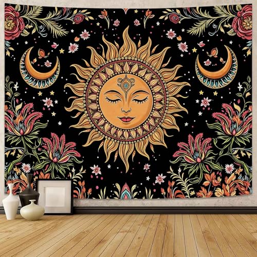Kanuyee Bohemian Sun and Moon Tapestry, Floral Celestial Wall Tapestry, Mystical Sun Face Tapestries for Room Decor, Artistic Tapestry 80"x60" - color: Orange Pink, size: 80"L x 60"W