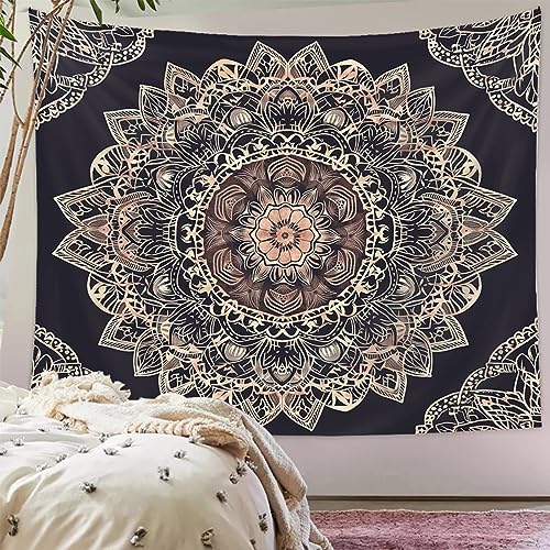 Tapzen Boho Mystic Mandala Wall Hanging - Ethnic Vintage Bohemian Tapestry for Bedroom Aesthetic - Hippy Gypsy Peacock Chakra Design - Ombre Golden Shades - 60 x 40 inches - size: 60"L x 40"W