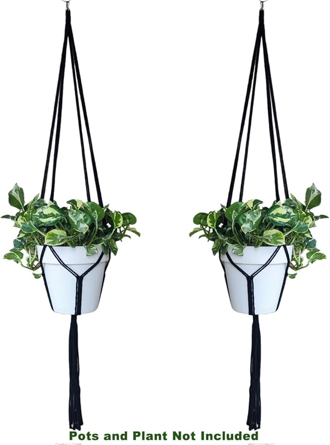 2 Pack Macrame Plant Hanger,Indoor Plant Hanger with Tassel for Boho Home Decor,47 inches Hanging Plant Holder with 2 Hooks(Black)