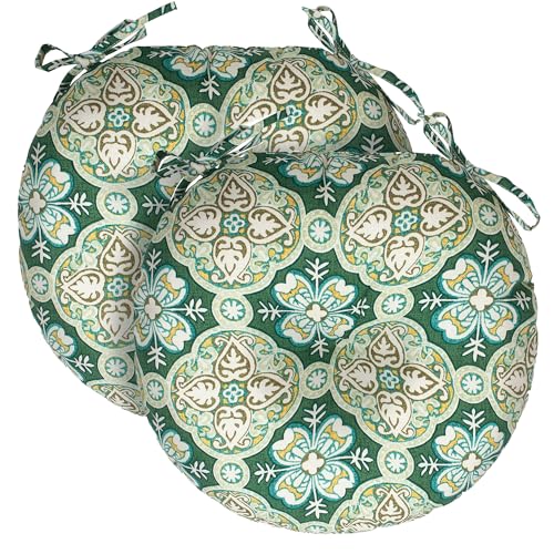 FUNHOME Bistro Chair Cushions Set of 2 Outdoor Round Chair Cushions for Patio Furniture 15"x15"x4", Water-Repellent Tufted Round Chair Pads for Home Garden-Green Medal - color: Green Pattern